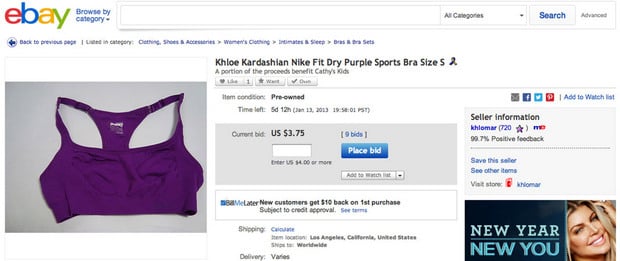 Reality TV star Khloe Kardashian is auctioning off her old bra for charity. Khloe, 28, listed the sports bra on website eBay along with several other items of clothing to raise money for Cathy's Kids. The charity was set up by Khloe's LA Lakers star husband Lamar Odom and helps under-privileged children and supports a search for a cancer cure. This used bra is a Nike Fit Dry Purple Sports Bra Size S. It currently has nine bids for a price of $3.75.Pictured: Khloe Kardashian's braRef: SPL478964 080113 Picture by: eBay / Splash NewsSplash News and PicturesLos Angeles: 310-821-2666New York: 212-619-2666London: 870-934-2666photodesk@splashnews.comSplash News and Picture Agency does not claim any Copyright or License in the attached material. Any downloading fees charged by Splash are for Splash's services only, and do not, nor are they intended to, convey to the user any Copyright or License in the material. By publishing this material , the user expressly agrees to indemnify and to hold Splash harmless from any claims, demands, or causes of action arising out of or connected in any way with user's publication of the material.